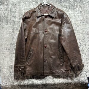 VTG First Genuine Leather Mens L Brown Bomber Aviator Jacket Button Distressed